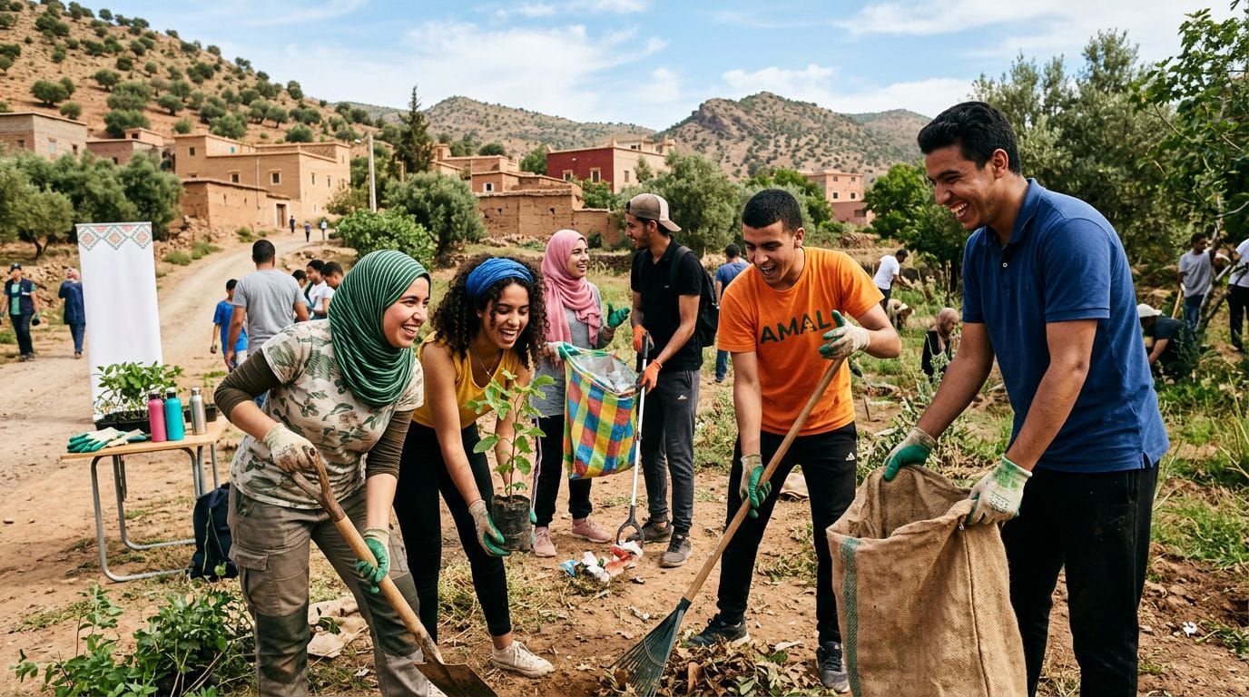 A group of Moroccan youth participating in an ecological awareness event