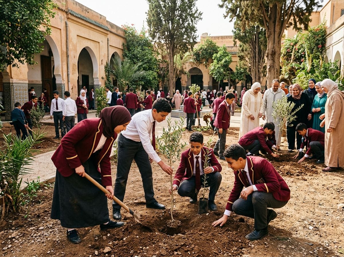 Students planting trees in a schoolyard as part of an environmental education program