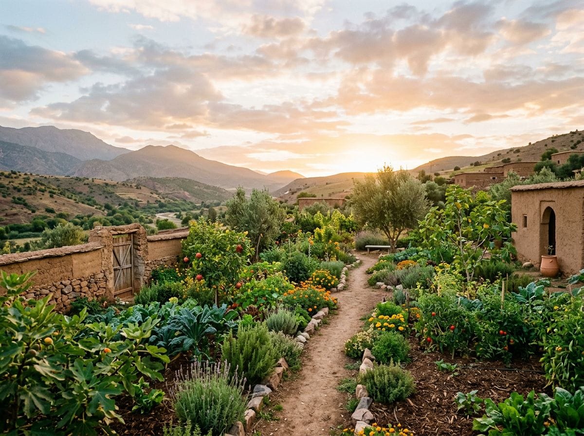 A hopeful sunset over a permaculture garden in Morocco