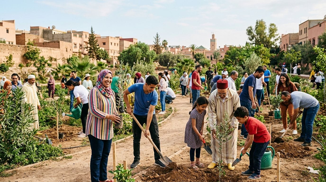 A vibrant community gathering for a tree planting event in Morocco.