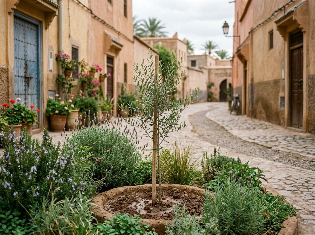 A serene view of a newly planted tree surrounded by local flora.