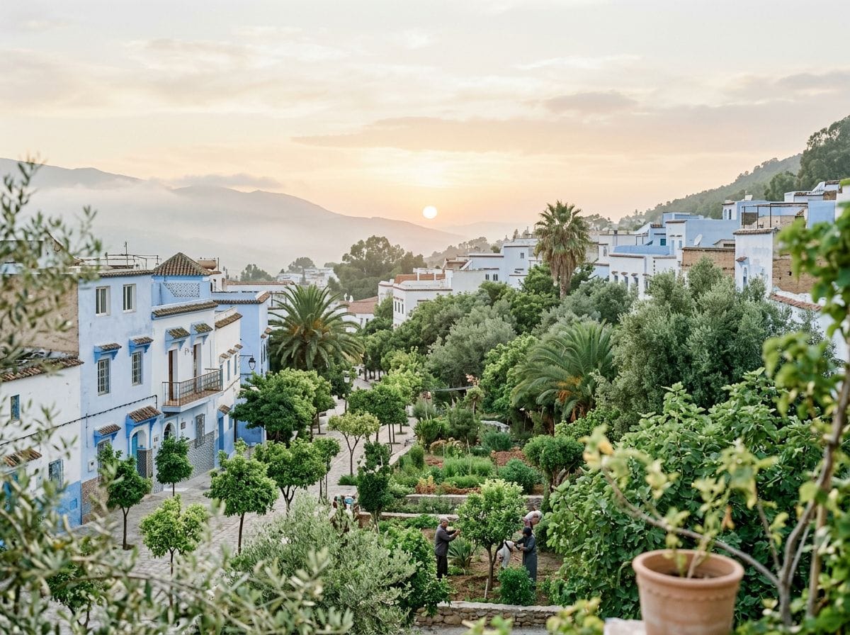 A hopeful sunset view over a green neighborhood in Morocco.