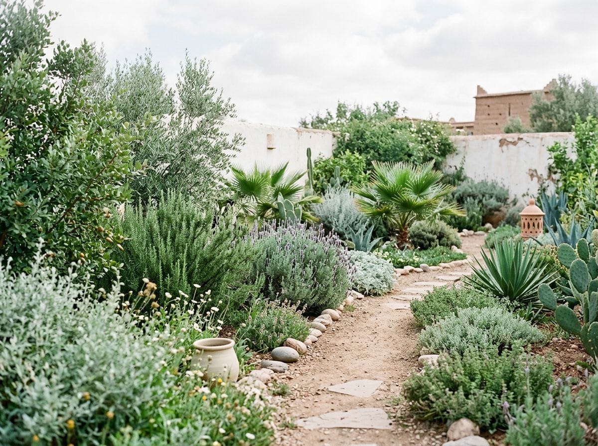 A tranquil scene of a Moroccan garden featuring indigenous plants.
