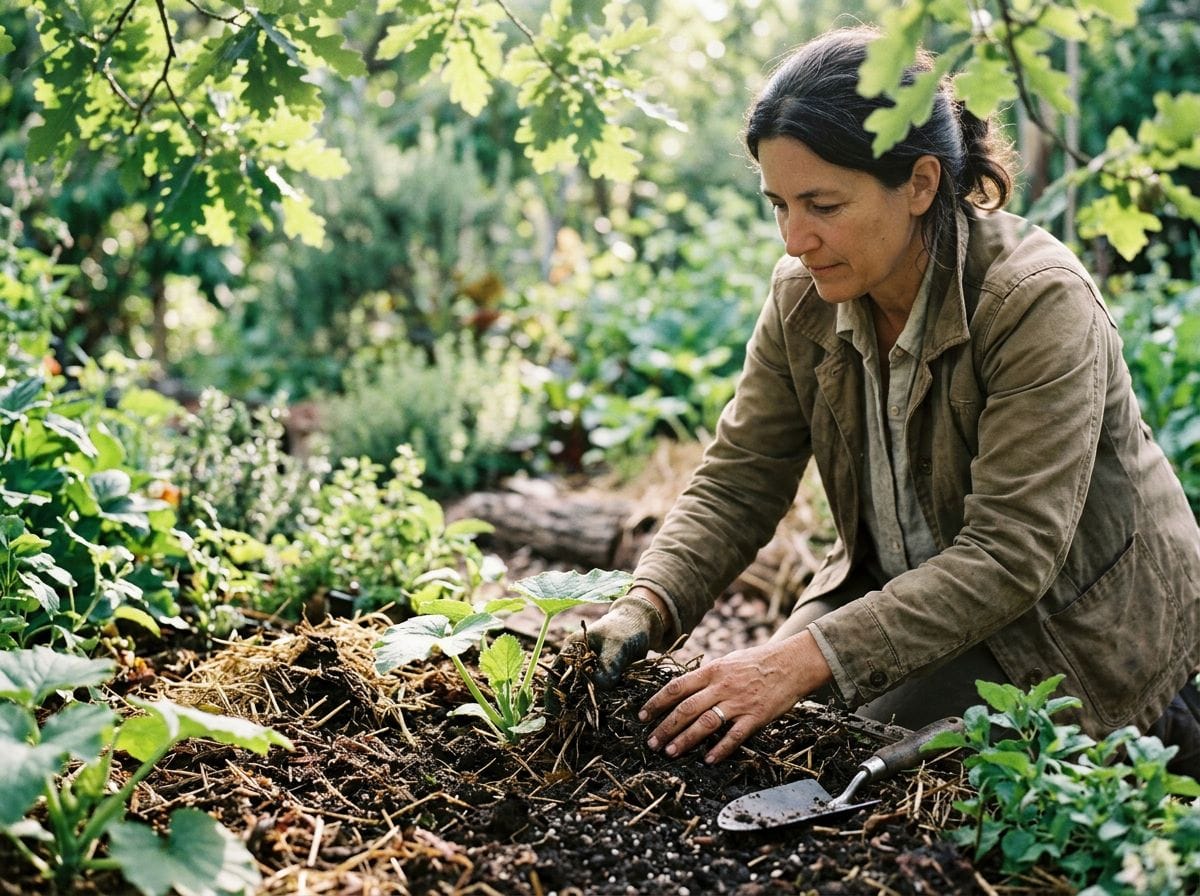 Close-up of a participant practicing permaculture techniques in a garden.