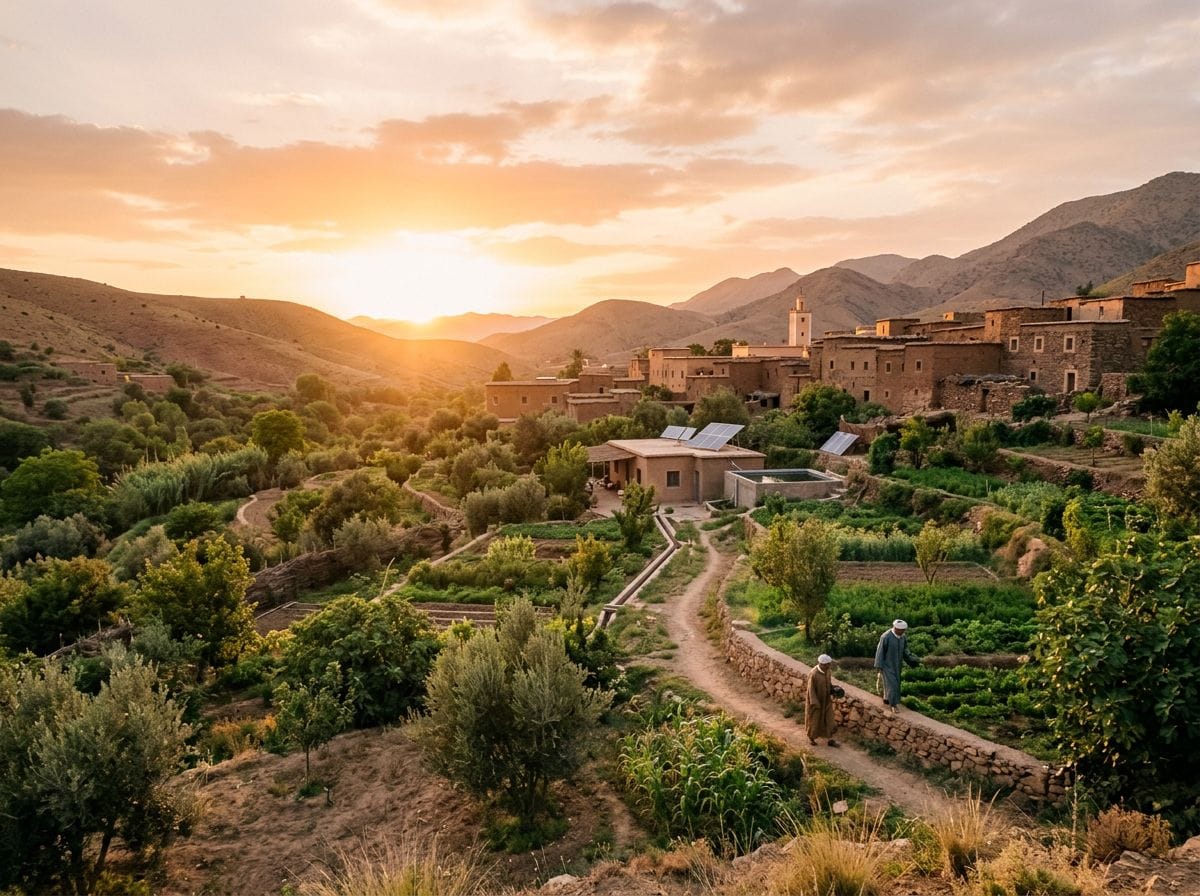 A serene Moroccan landscape at sunset, symbolizing hope and sustainability.