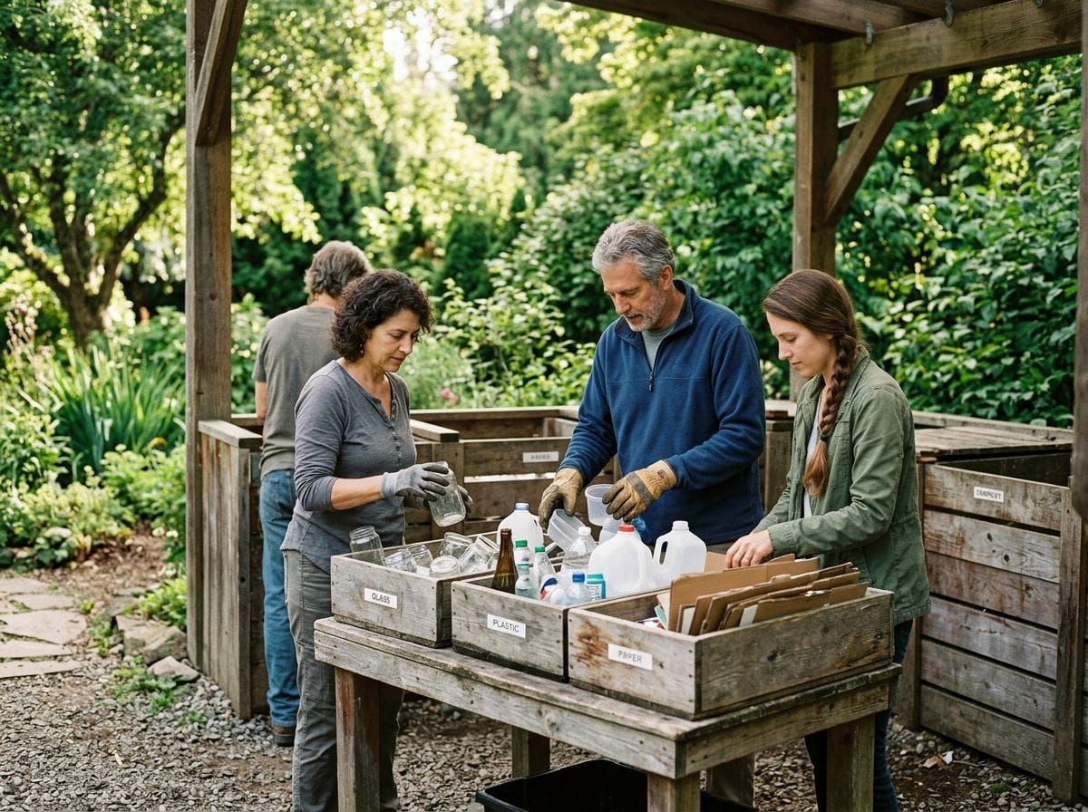 A tranquil moment of community members sorting recyclables in a serene setting.
