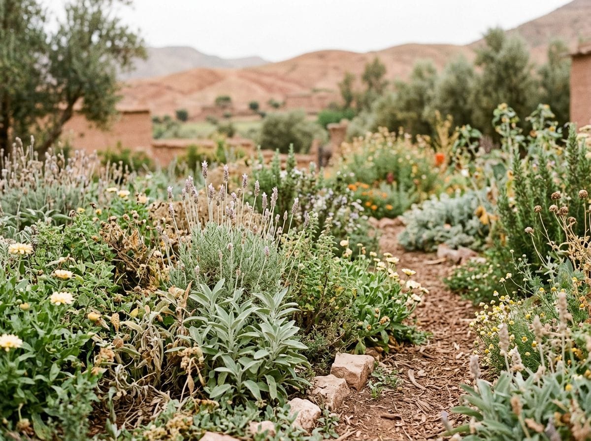 A close-up of a permaculture garden in Morocco, highlighting biodiversity.