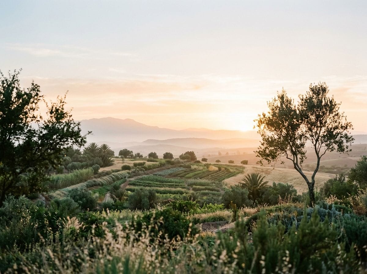A serene Moroccan sunset over a permaculture landscape.