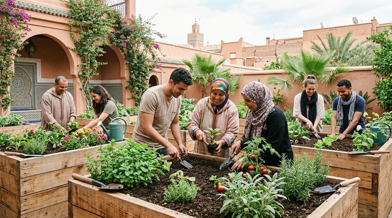Urban farming workshop in a Moroccan city with participants engaged in planting.