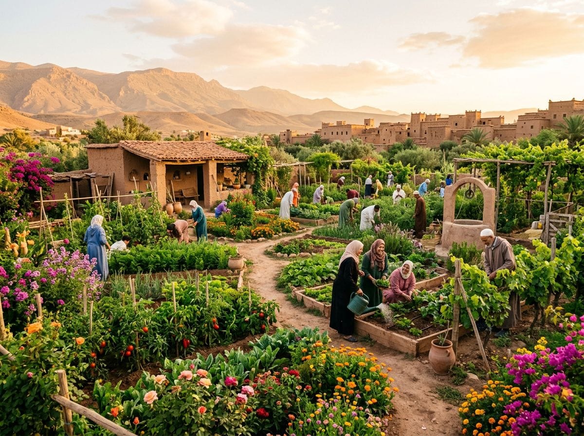 Serene community garden in Morocco at sunset, symbolizing hope and growth.