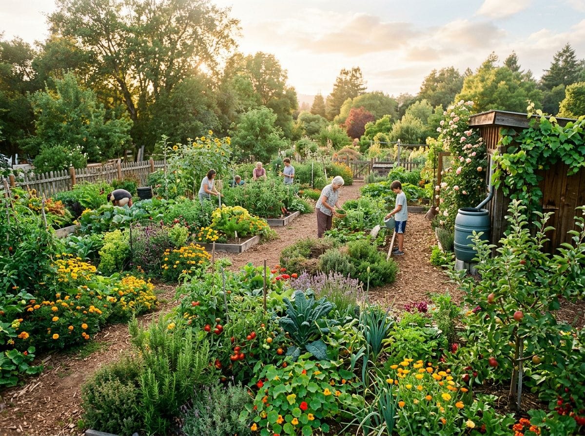 A peaceful community garden flourishing with diverse plants.