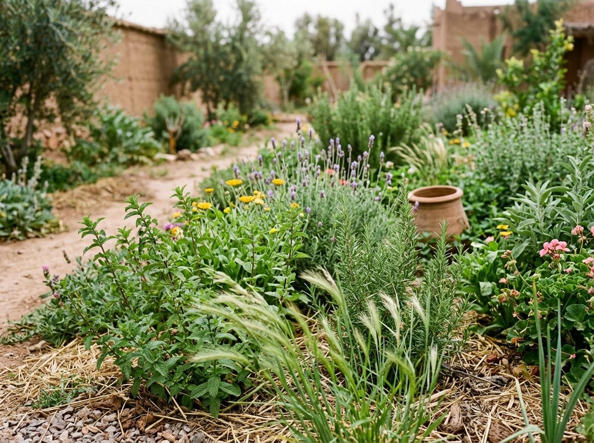 Quiet moment in a Moroccan permaculture garden with local plants.