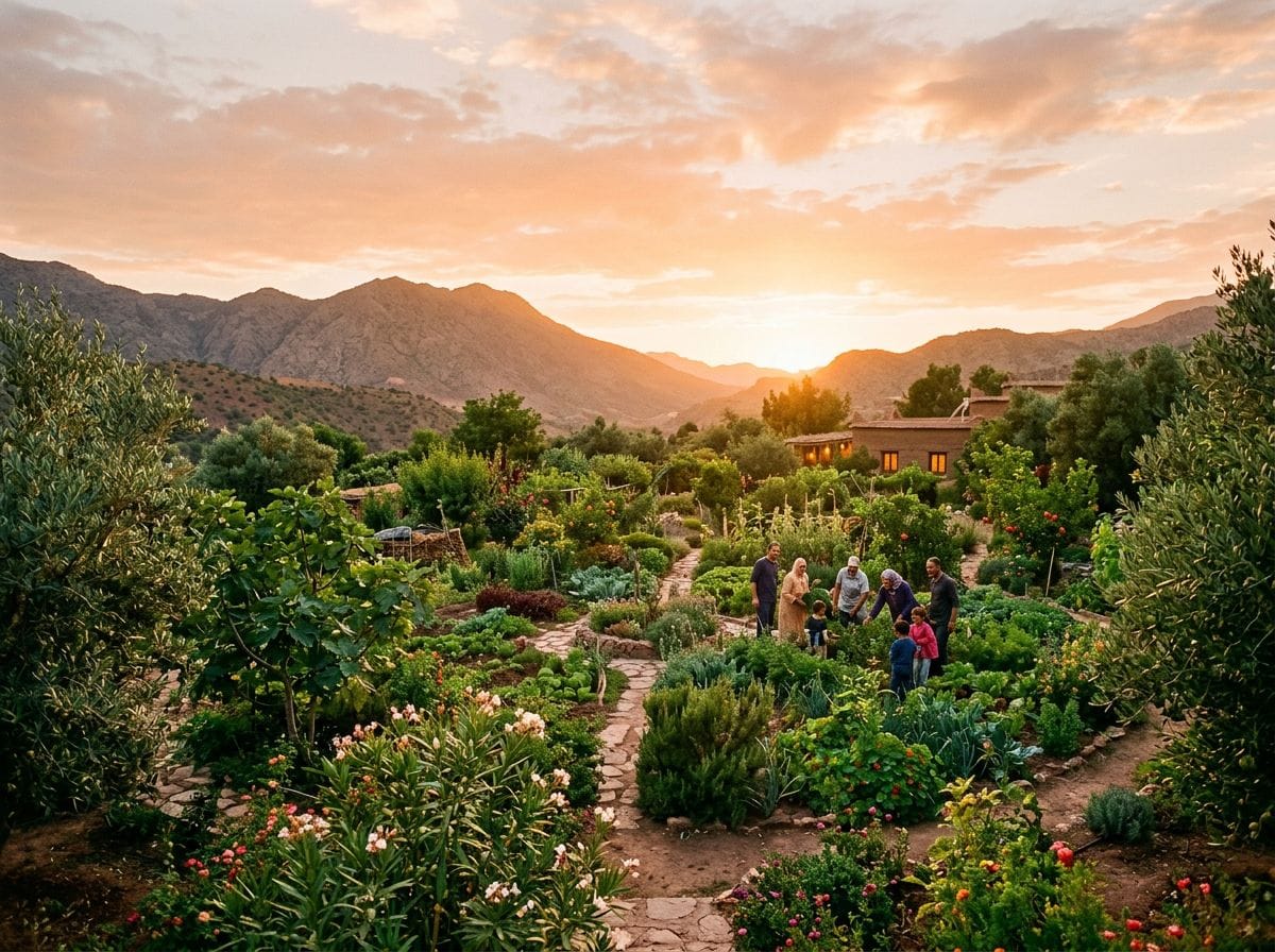 Hopeful sunset view over a Moroccan permaculture garden.