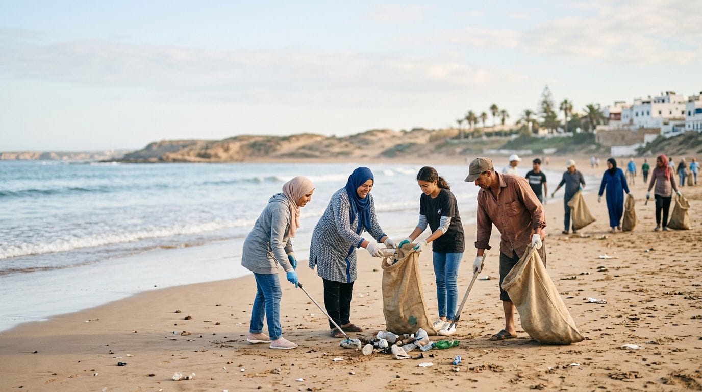 A picturesque Moroccan beach during a clean-up event with volunteers.