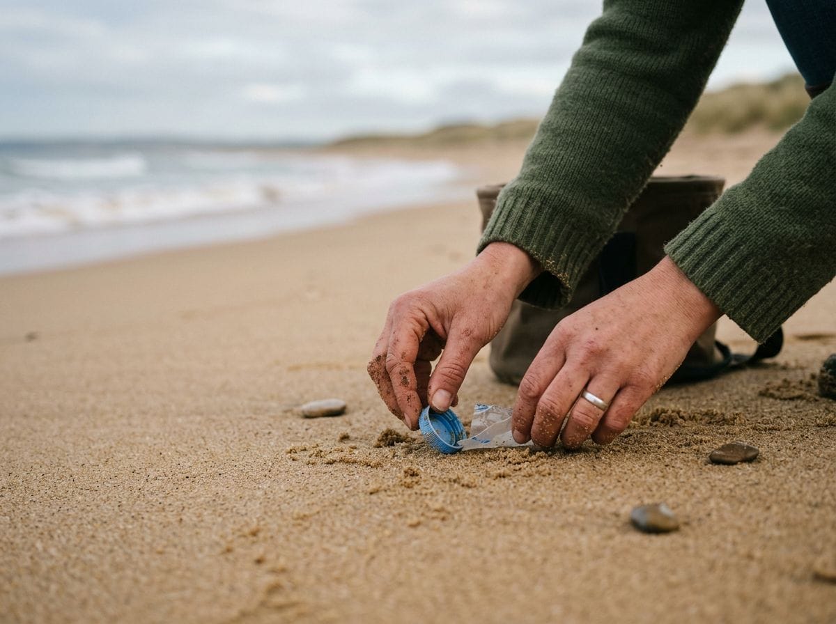 Close-up of a volunteer picking up plastic waste on a clean beach.