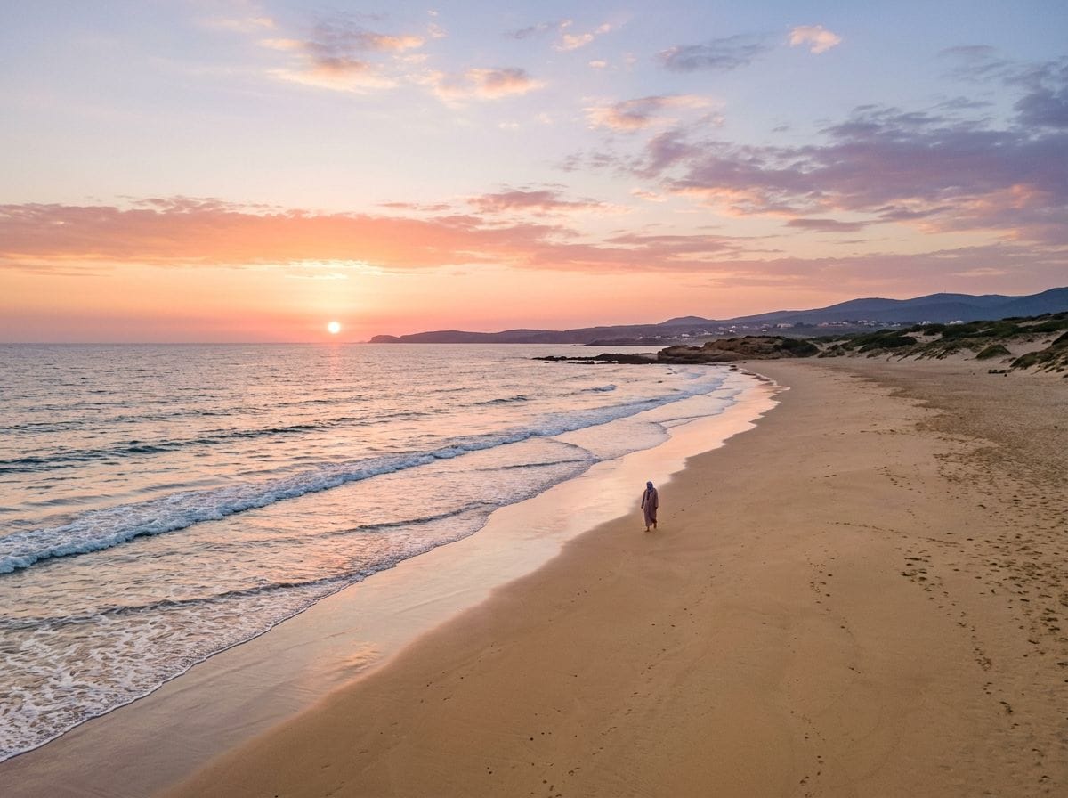 A serene sunset over a clean Moroccan beach, symbolizing hope.