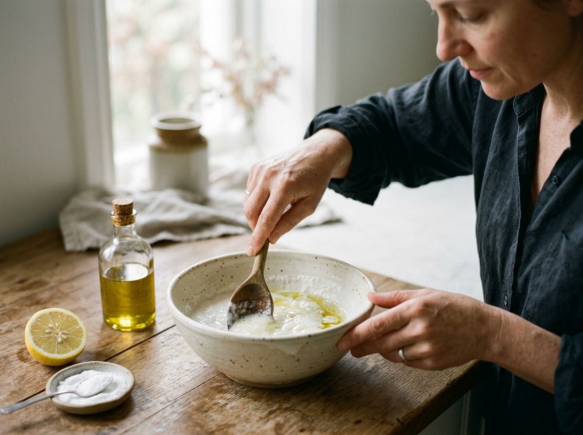 Close-up of a hand mixing ingredients for homemade cleaning products.
