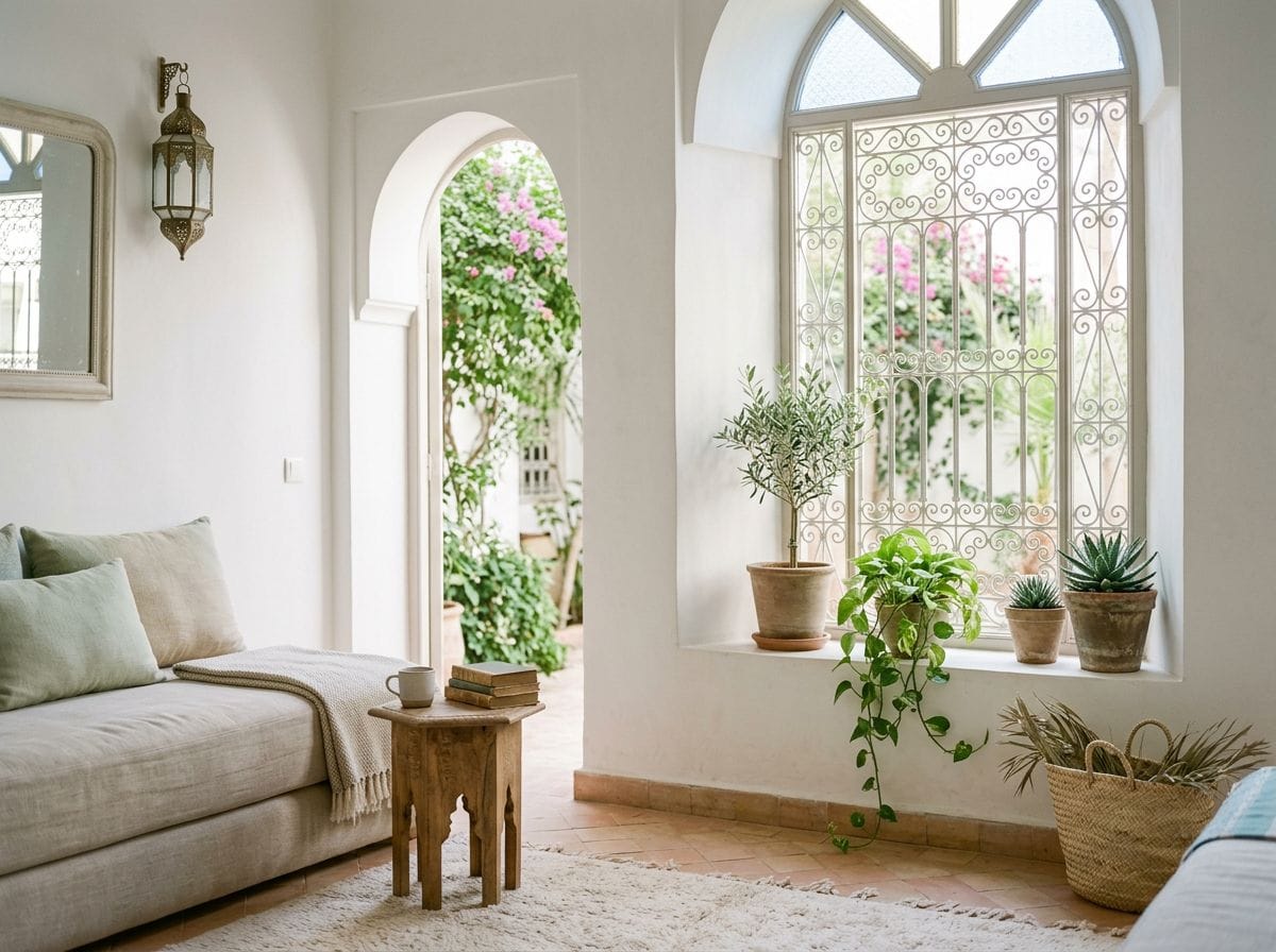 A serene Moroccan home environment with plants and natural light.