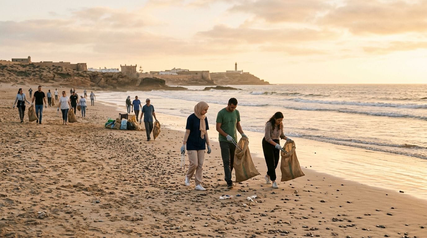A serene Moroccan beach during a coastal cleanup event with volunteers collecting trash.