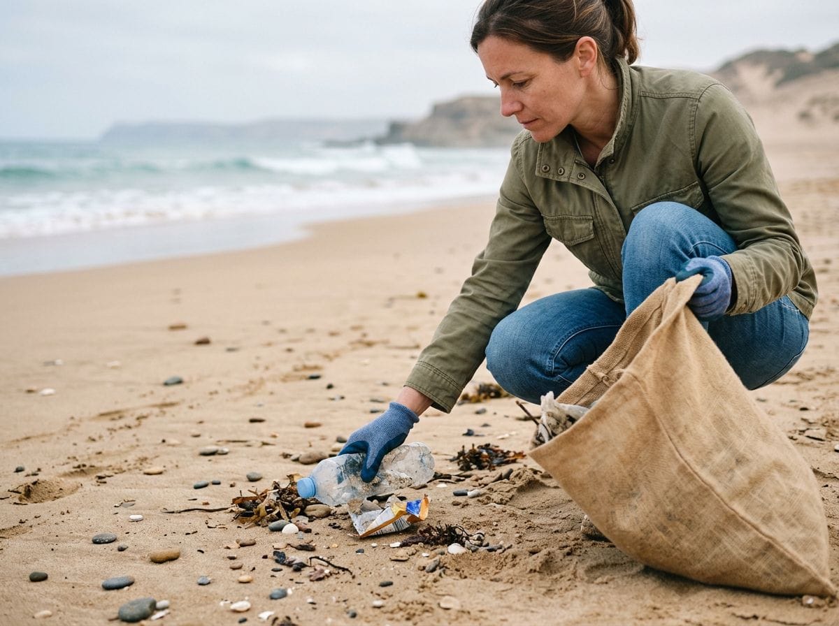 A close-up of a volunteer picking up trash on a quiet Moroccan beach.