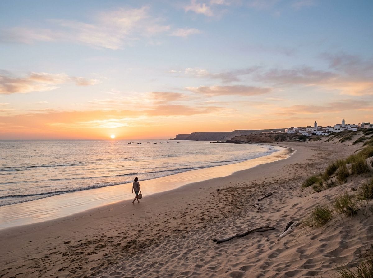 A tranquil sunset over a clean Moroccan beach, symbolizing hope and a brighter future.