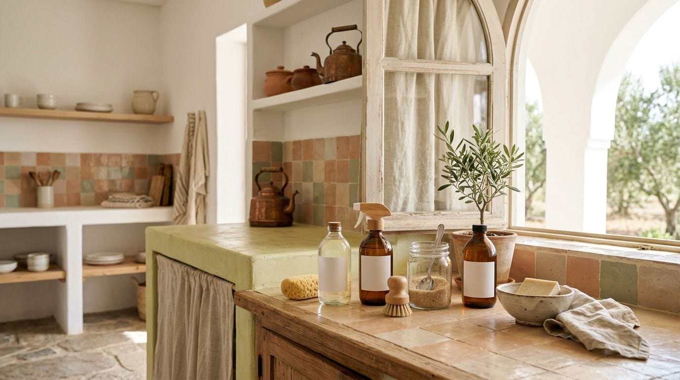 A Moroccan home with natural light pouring in, showcasing eco-friendly cleaning products on a kitchen counter.