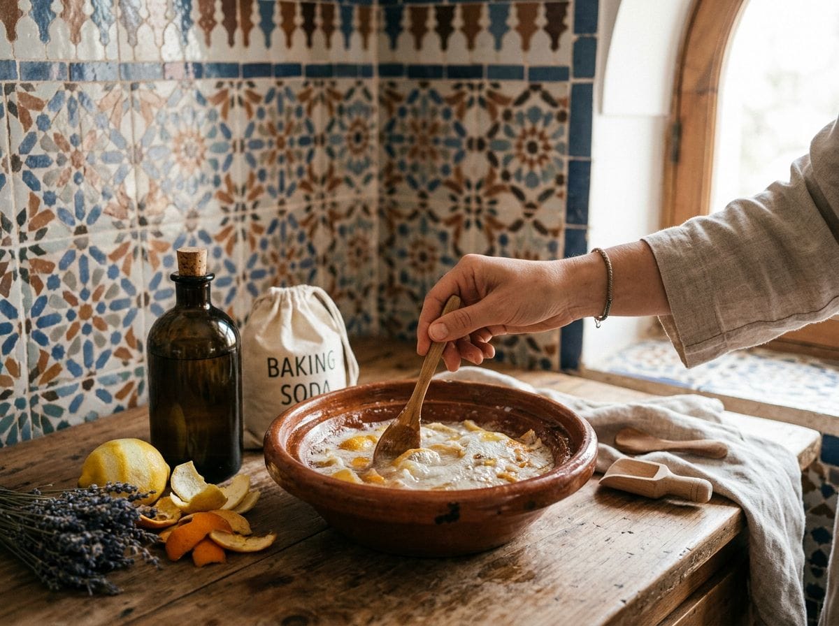 A close-up of a hand mixing natural cleaning ingredients in a bowl, with Moroccan tiles in the background.