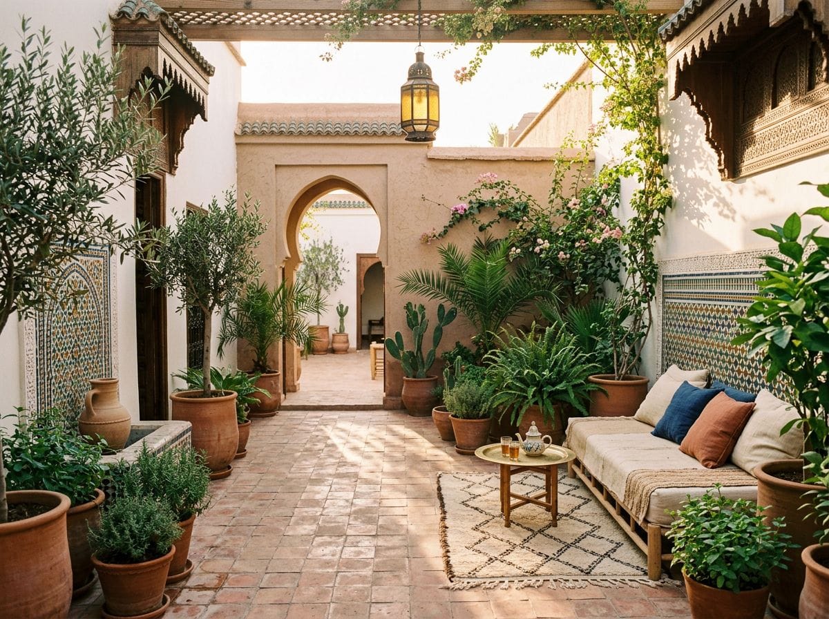 A peaceful Moroccan outdoor patio with plants and a clean, clutter-free space.