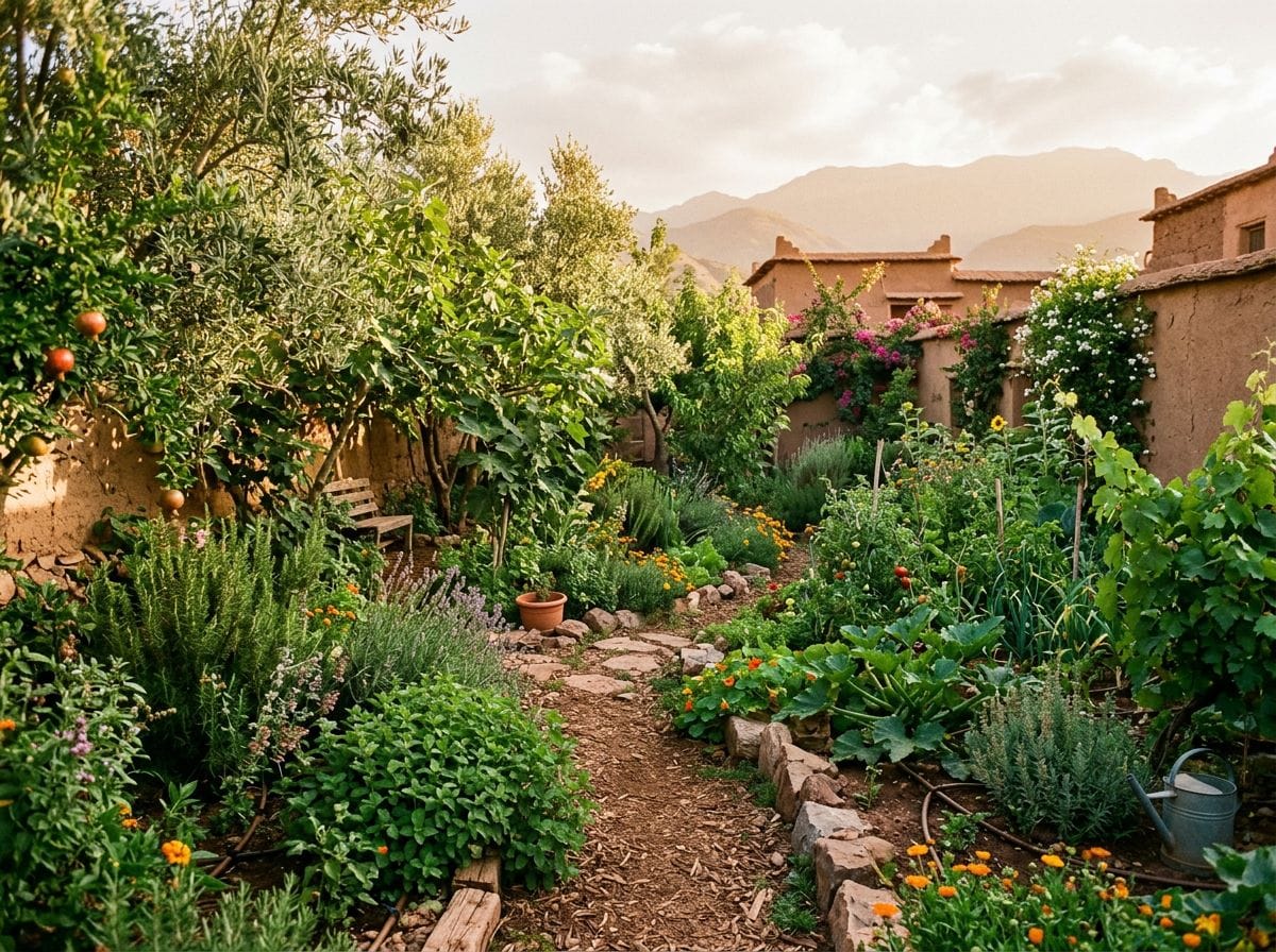 A serene moment in a Moroccan permaculture garden, focusing on plant diversity.