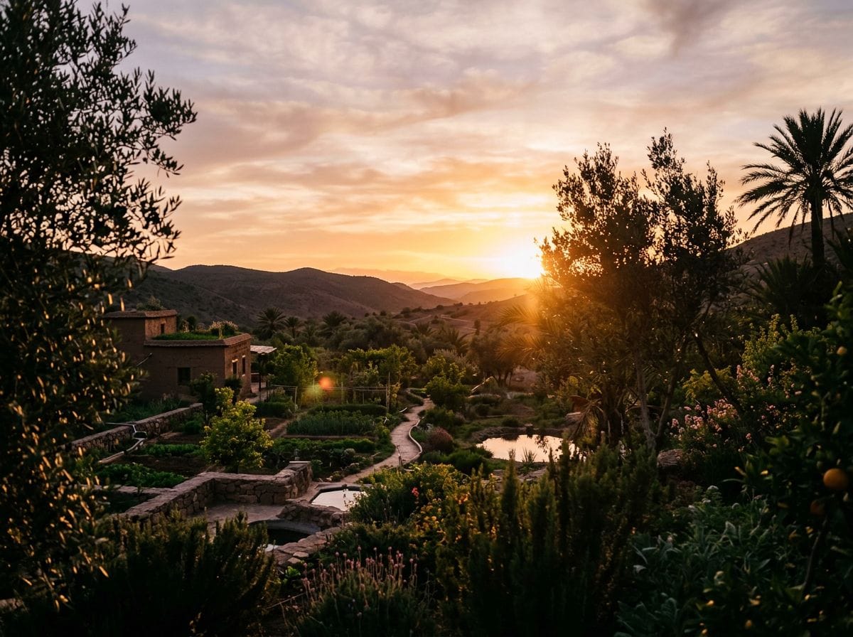 A hopeful sunset over a Moroccan landscape, symbolizing community resilience.