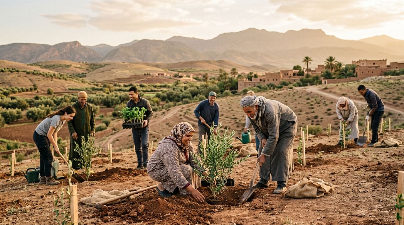 Volunteers planting trees in a Moroccan landscape.