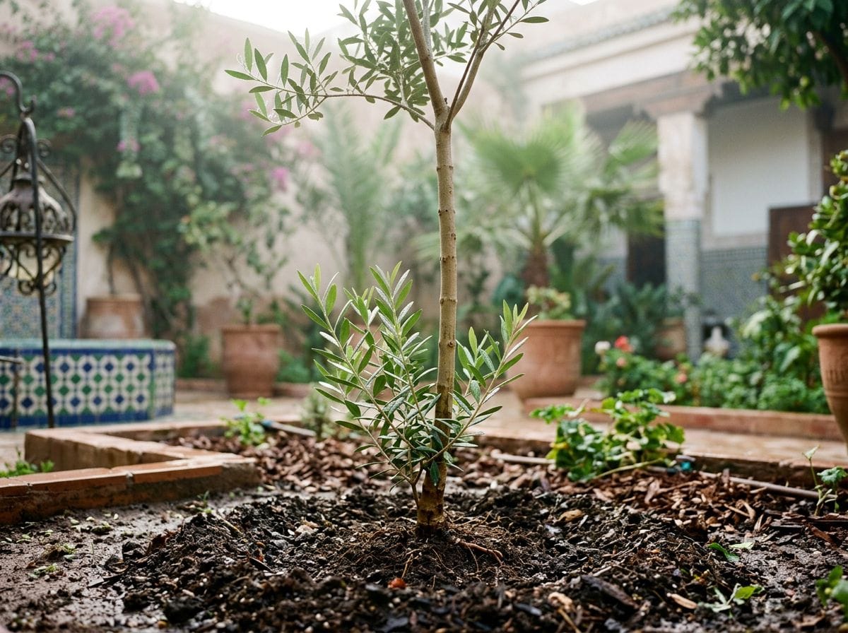 A close-up of a newly planted tree in a quiet Moroccan garden.